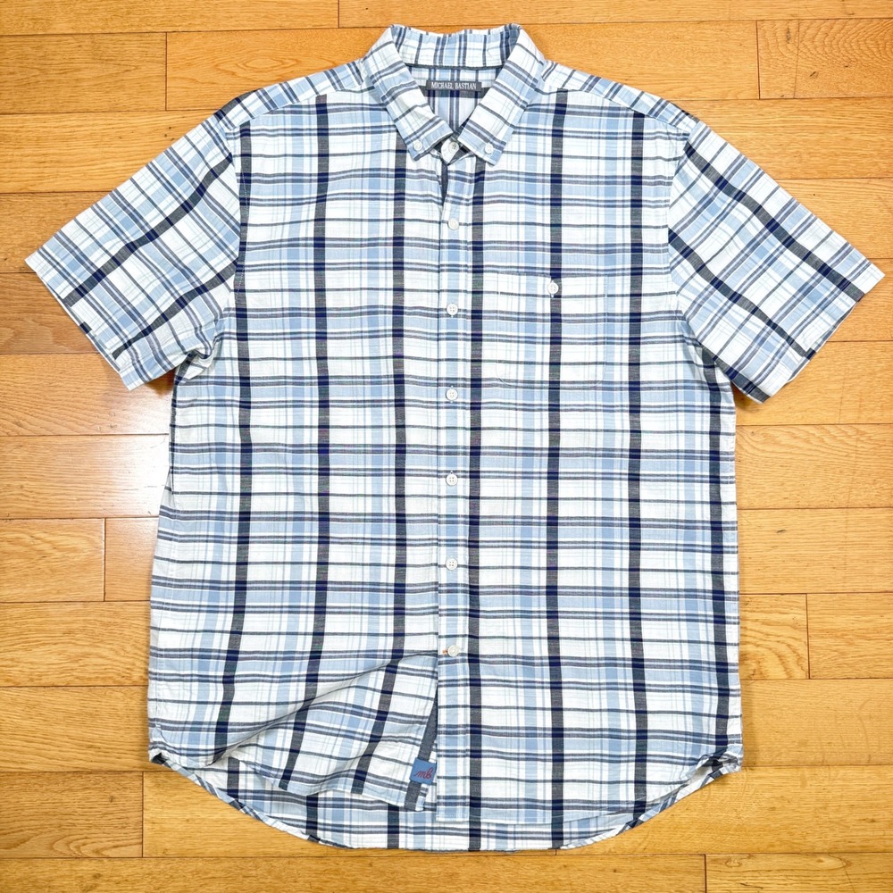 Michael Bastian Mens Large Plaid Short Sleeve‎ Button Up Shirt Blue White